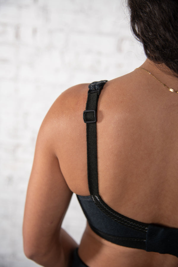 adjustable shoulder strap on flame-resistant black Active Fit Safety Bra from Seraphina Safety Apparel