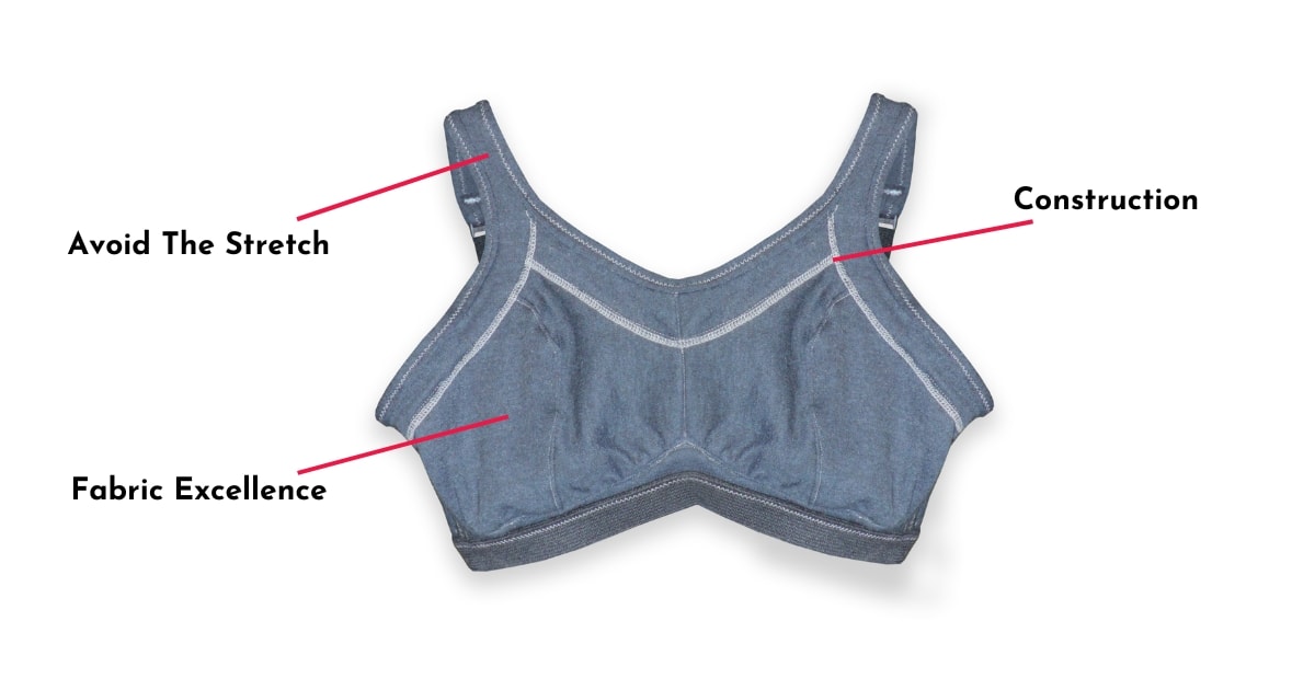 Image of Seraphina Safety's Flame Resistant active bra with lines pointing to the following features presented as text: Avoid The Stretch, Construction, and Fabric Excellence.