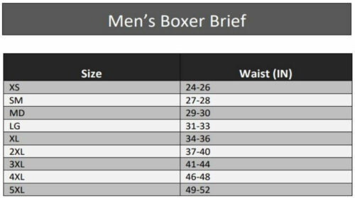 Seraphina Safety's Men's Flame Resistant FR Tech Essential Active Boxer Brief size chart.