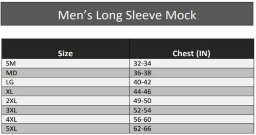 Men's Flame Resistant FR Cool Down Active Long Sleeve Shirt sizing chart.