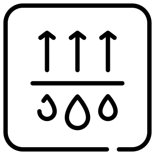 Moisture-Wicking Icon featuring arrows point upwards with water droplets below.